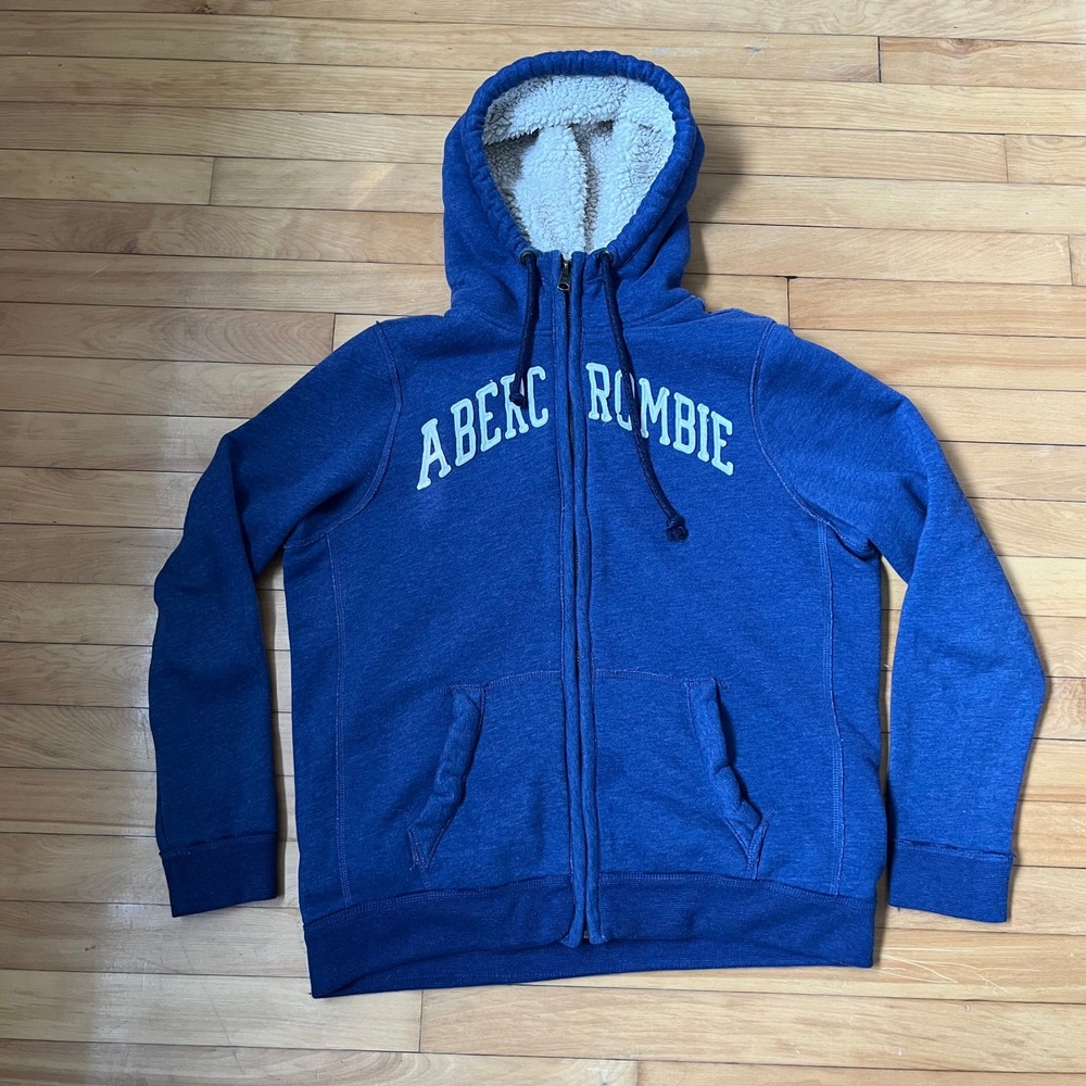 Abercrombie & Fitch Mens Sherpa Lined Hood Full Zip Hoodie Blue Applique Logo L